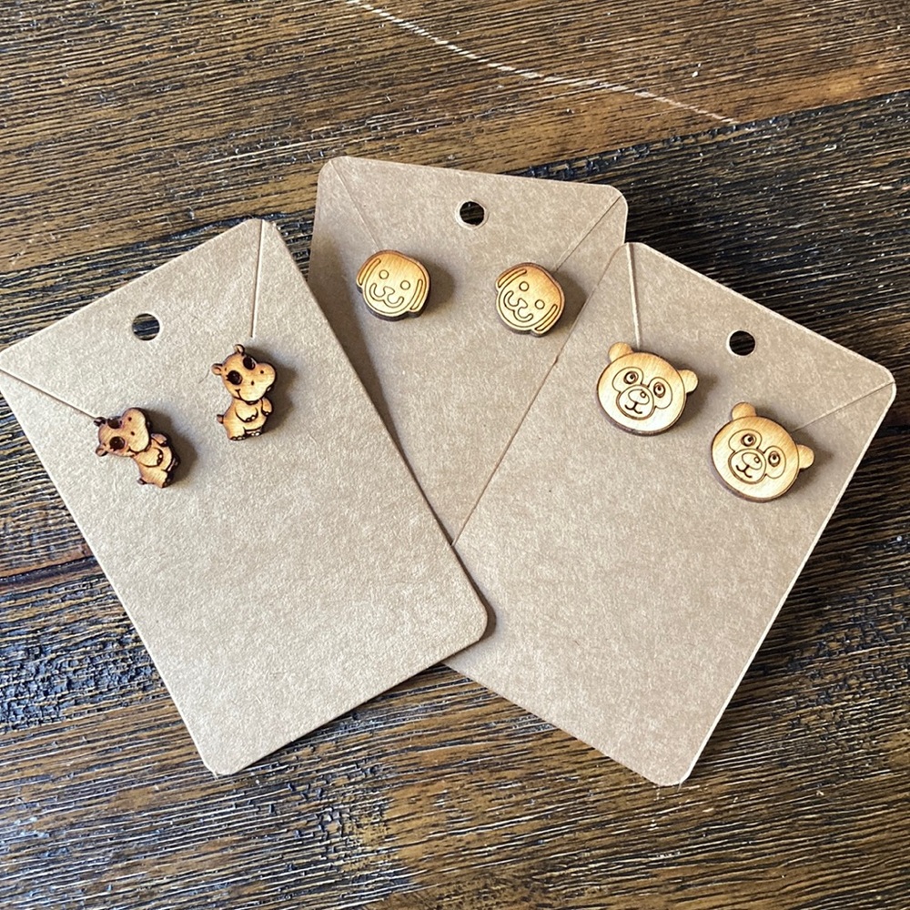 Set of 3 homemade wood earrings dogs bears hippos